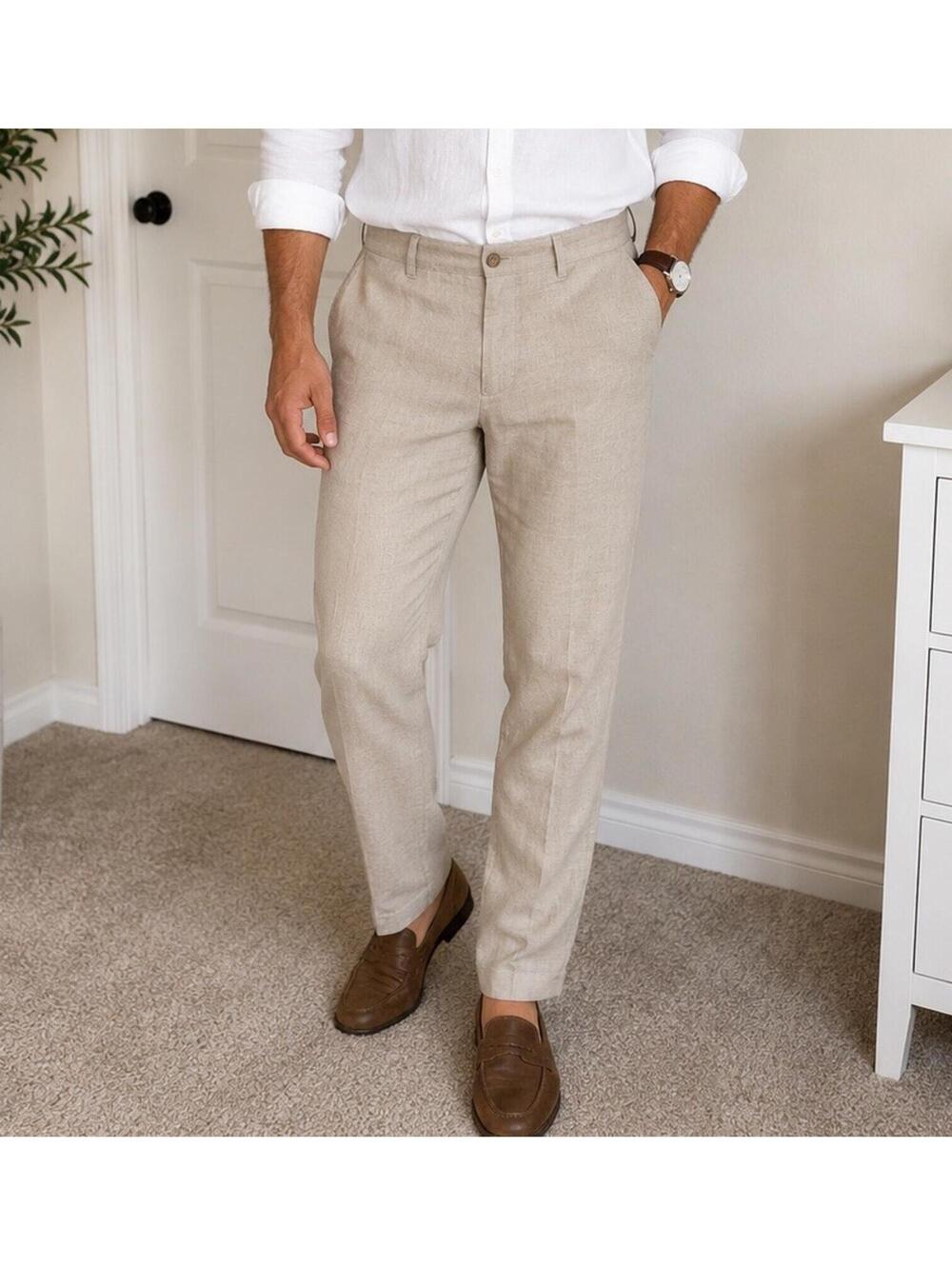 Men’s Beige Linen Blend Pants 36x30 Flat Front Casual Beach Resort Old Money